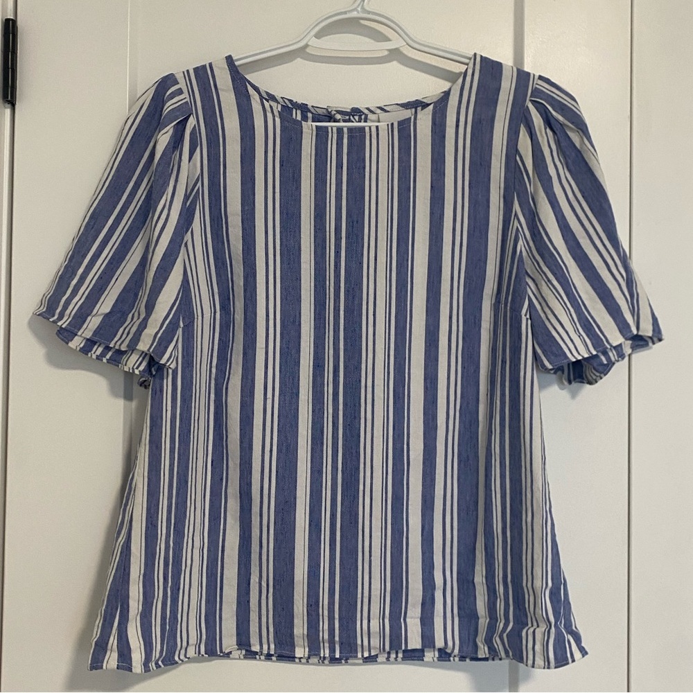 CAbi 5343 Wing Top Blue White Striped Linen Blend Blouse Crop Keyhole Size Small